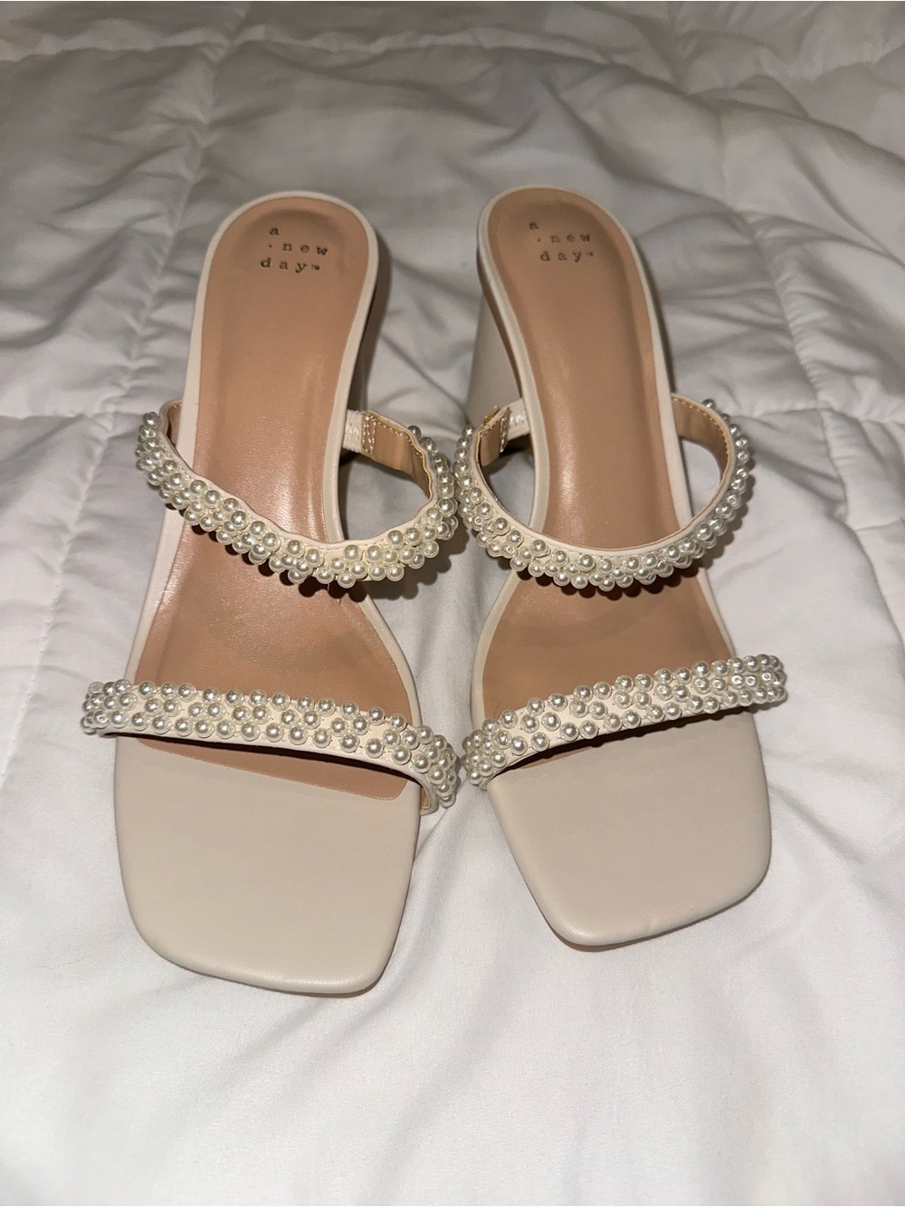 a new day Pearl-Trim Cream Strap Heeled Slides